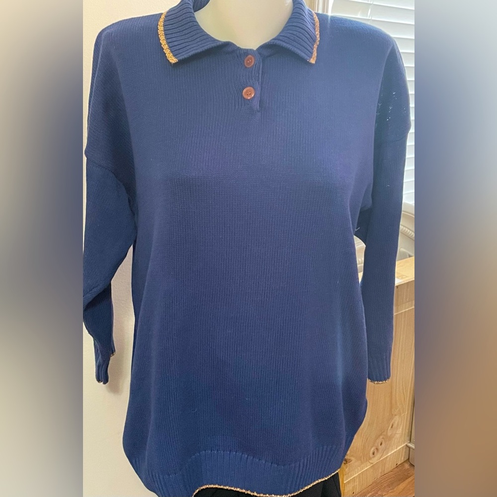 CYRUS LADIES BLUE SWEATER W/GOLD TRIM